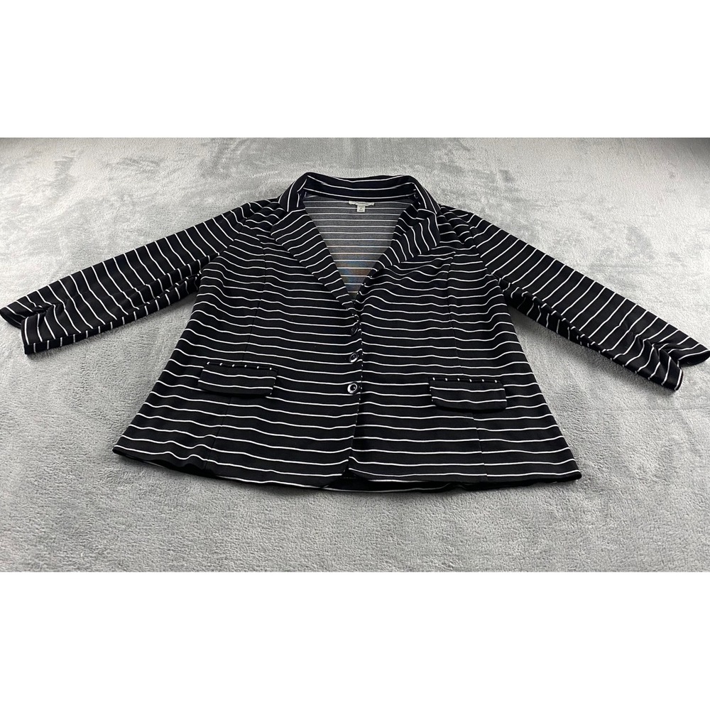 Dressbarn Womens 2X Black White Striped Knit Blazer Button Front Studded Pockets